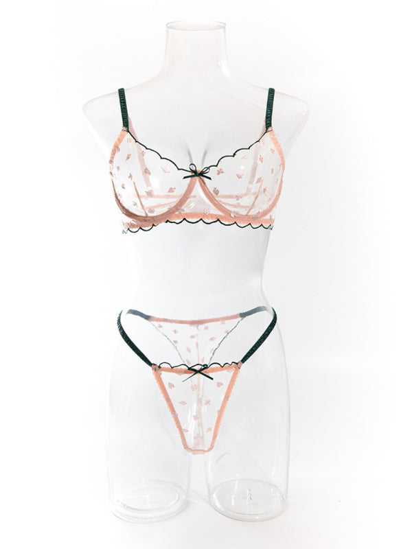 Playing Card Embroidery Print Transparent Lace Underwire Two-piece Underwear Set