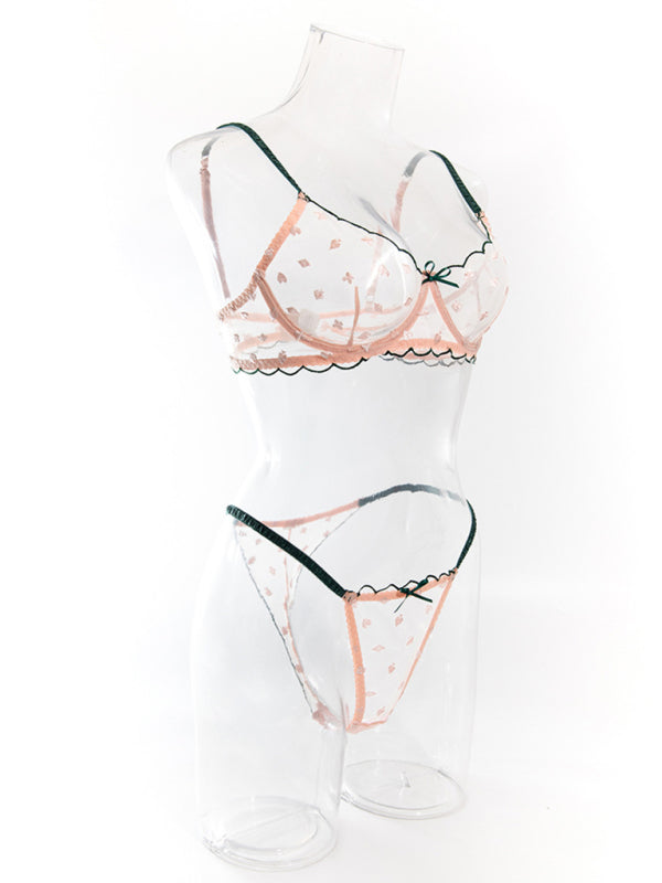 Playing Card Embroidery Print Transparent Lace Underwire Two-piece Underwear Set