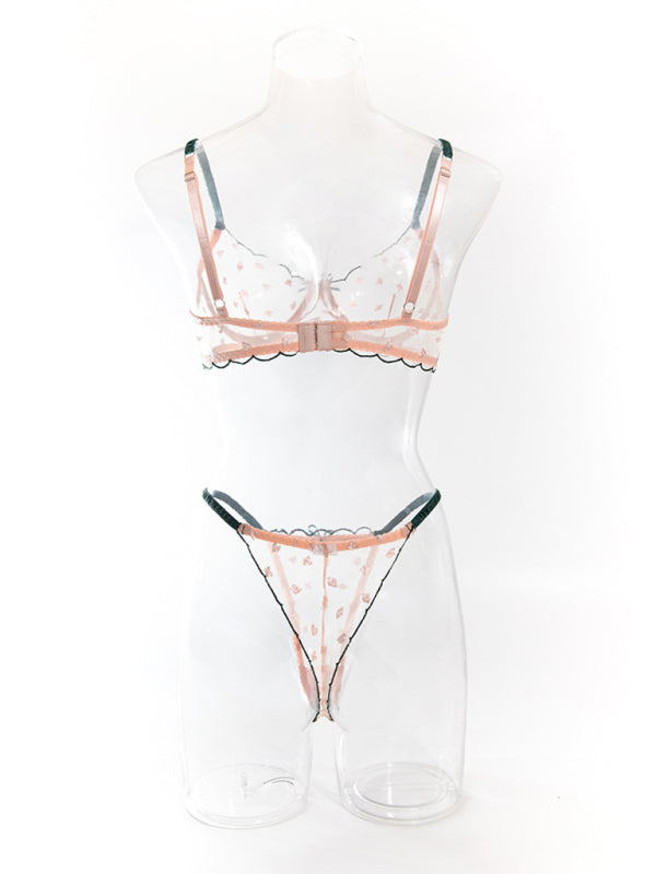 Playing Card Embroidery Print Transparent Lace Underwire Two-piece Underwear Set