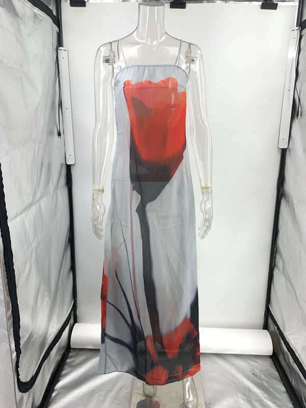 Red Flower Print Chiffon Maxi Dress