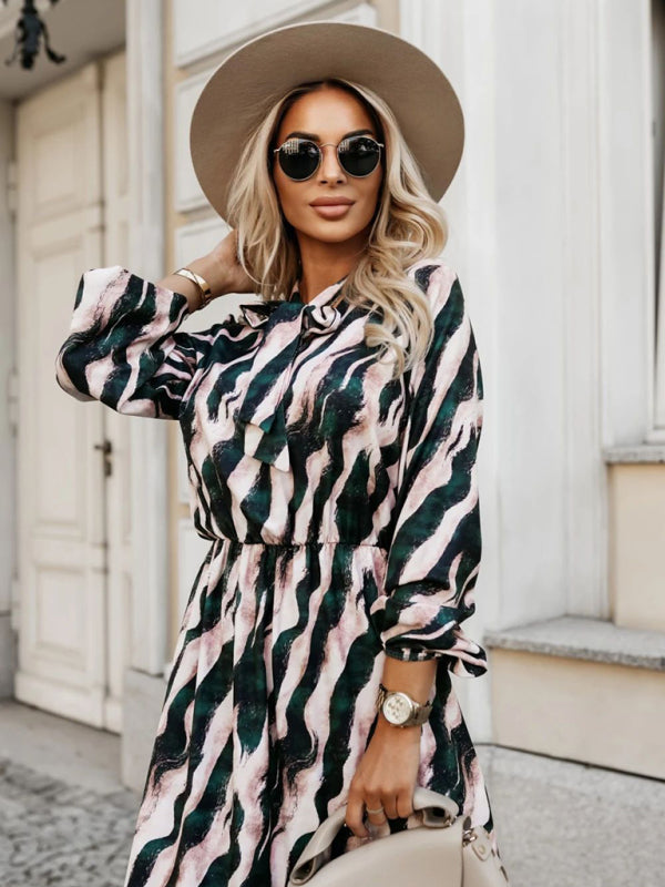 Zebra Print Bow Tie-waist Long Sleeve Dress