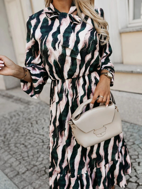 Zebra Print Bow Tie-waist Long Sleeve Dress