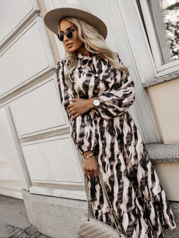 Zebra Print Bow Tie-waist Long Sleeve Dress