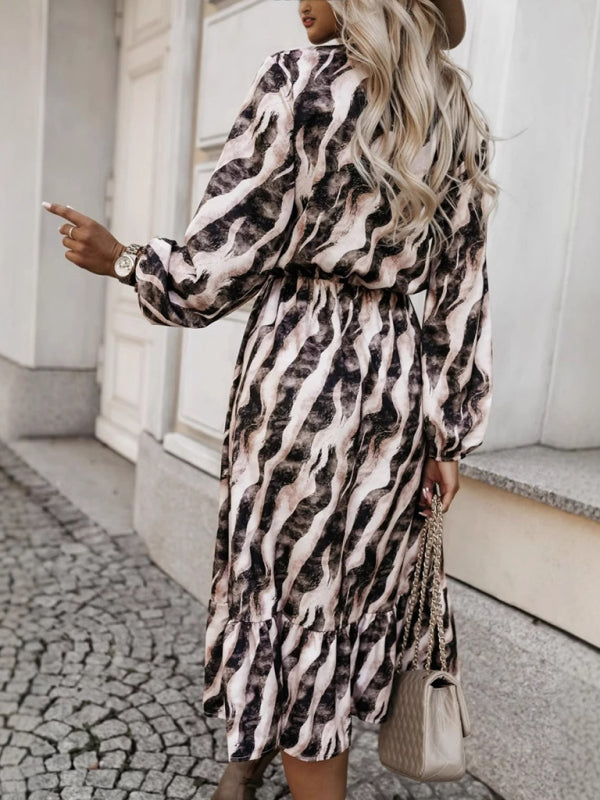 Zebra Print Bow Tie-waist Long Sleeve Dress