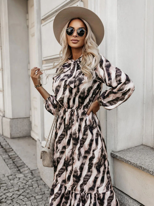 Zebra Print Bow Tie-waist Long Sleeve Dress