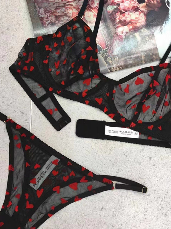 Hearts Print Mesh See-through Two-piece Underwear Set