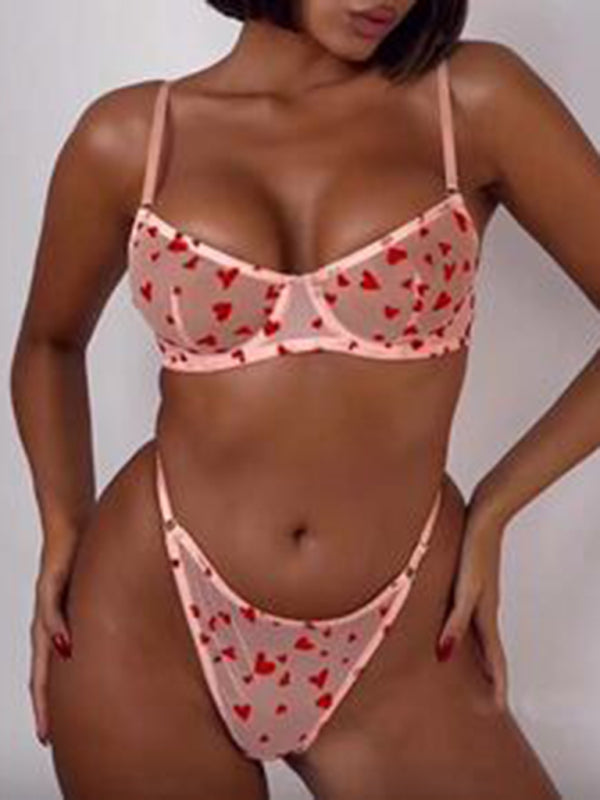 Hearts Print Mesh See-through Two-piece Underwear Set