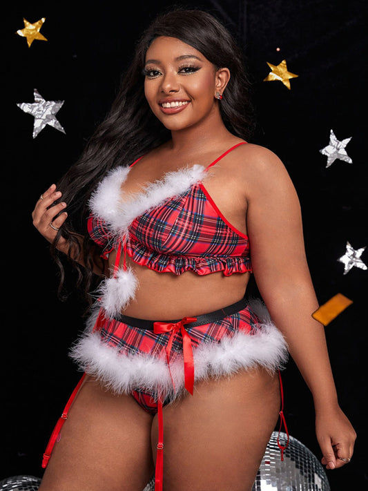 Plus size Plaid Fur Christmas Two-piece Lingerie Set