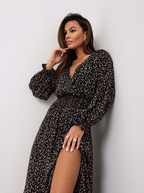 Flower Print V-Neck Side-Slit Long Sleeve Maxi Dress