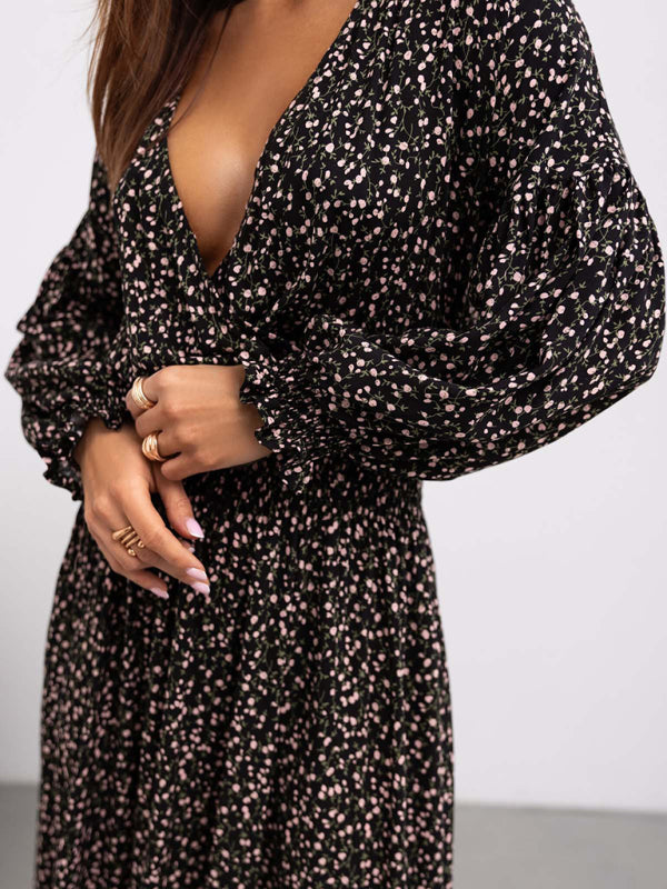 Flower Print V-Neck Side-Slit Long Sleeve Maxi Dress