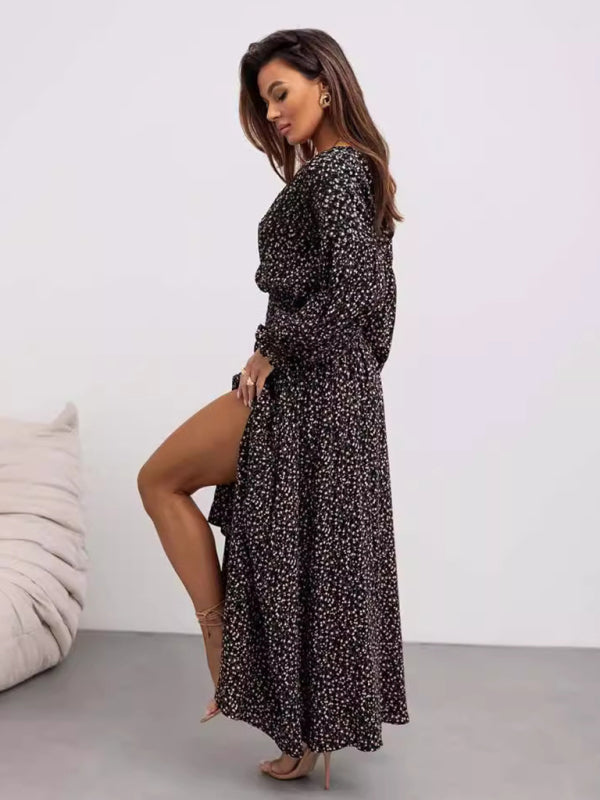 Flower Print V-Neck Side-Slit Long Sleeve Maxi Dress