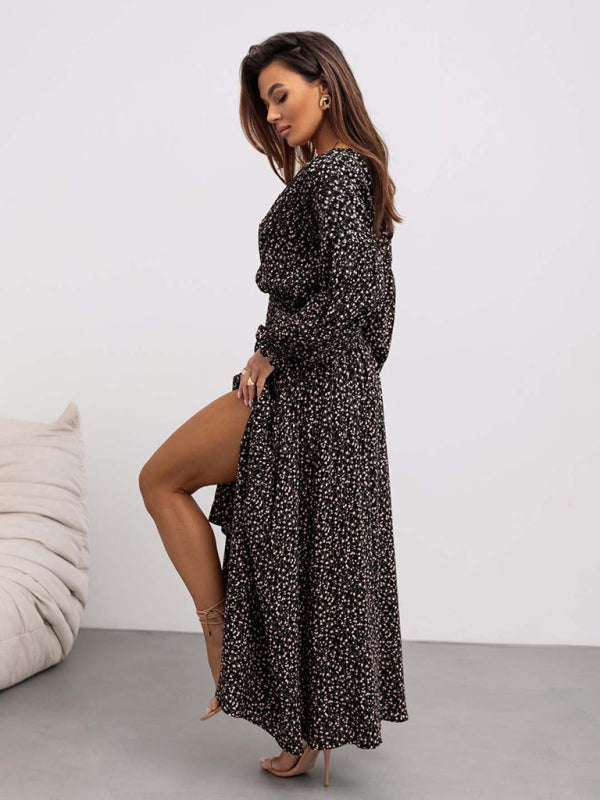 Flower Print V-Neck Side-Slit Long Sleeve Maxi Dress