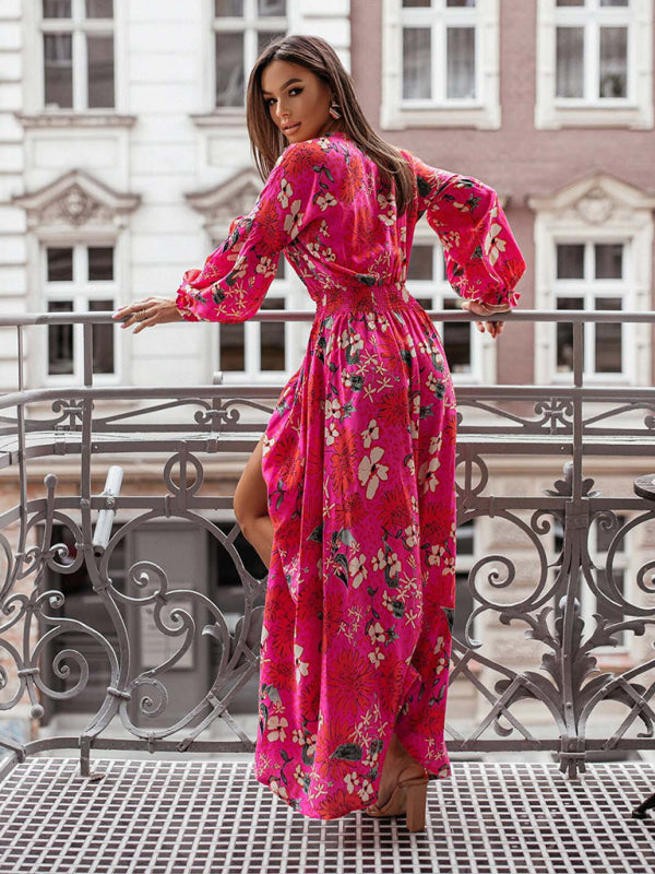 Flower Print V-Neck Side-Slit Long Sleeve Maxi Dress