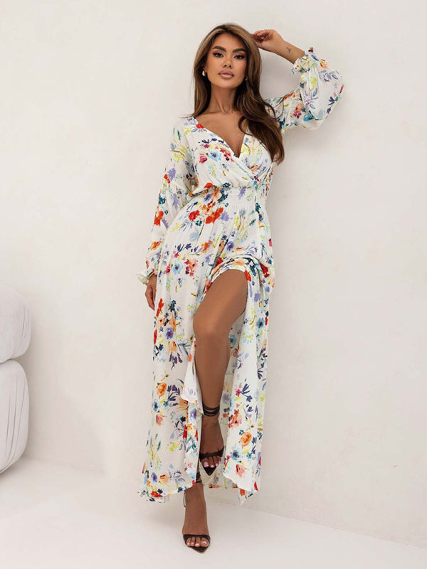 Flower Print V-Neck Side-Slit Long Sleeve Maxi Dress