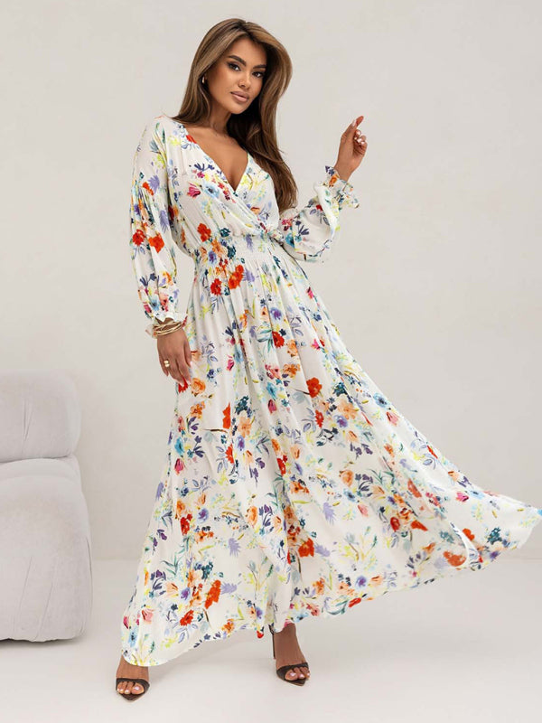 Flower Print V-Neck Side-Slit Long Sleeve Maxi Dress