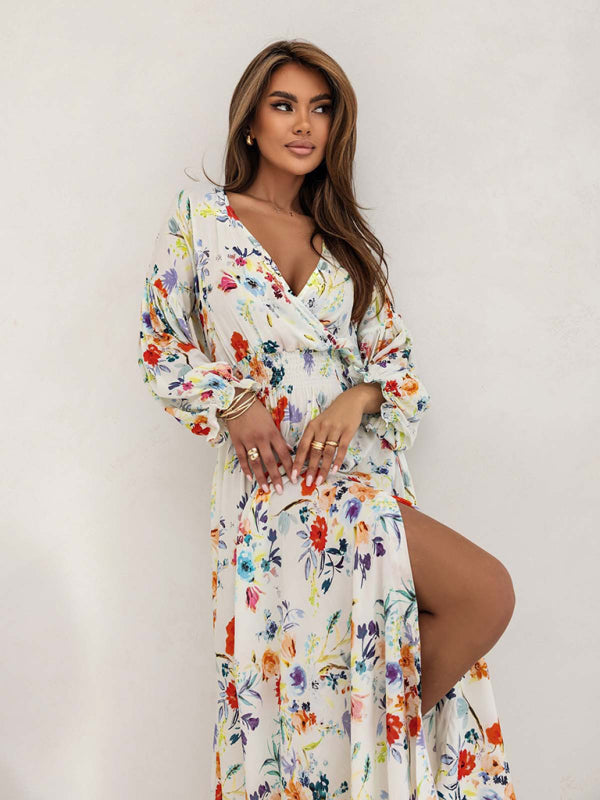 Flower Print V-Neck Side-Slit Long Sleeve Maxi Dress