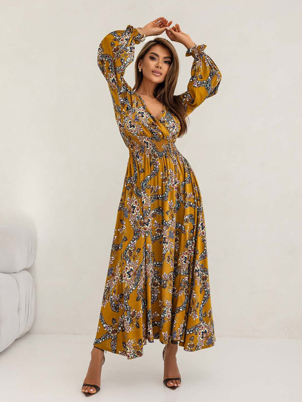 Flower Print V-Neck Side-Slit Long Sleeve Maxi Dress