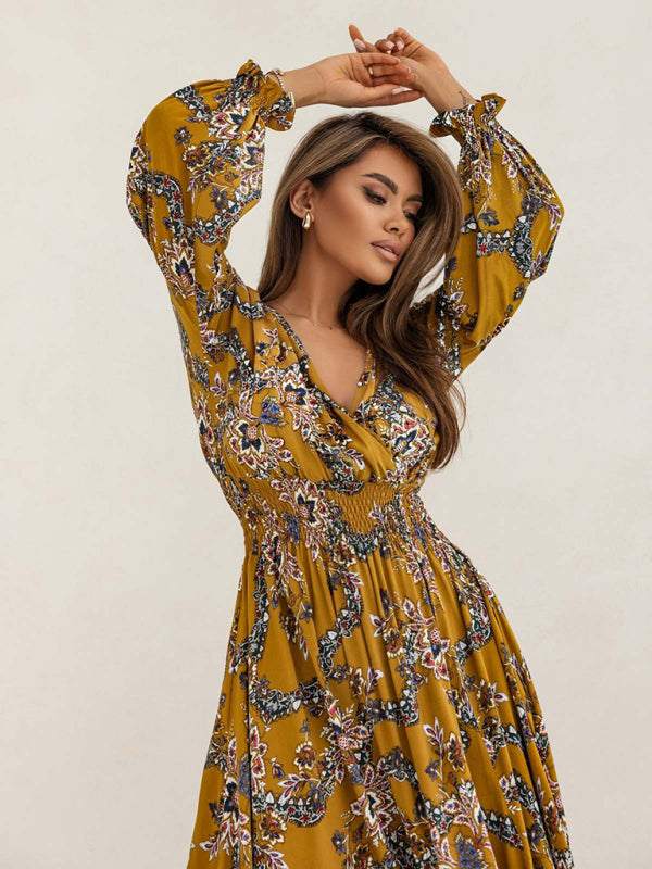 Flower Print V-Neck Side-Slit Long Sleeve Maxi Dress