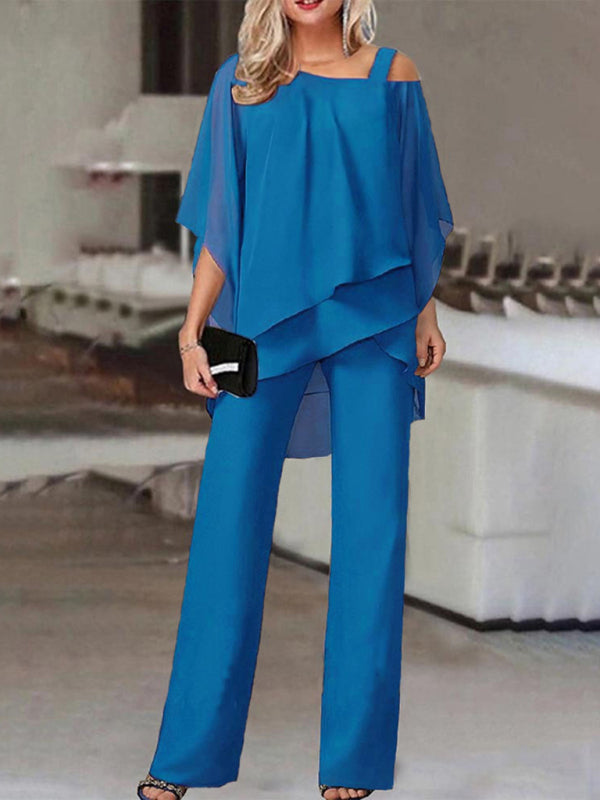 One Shoulder Bat Sleeve Ruffle Two-piece Suit