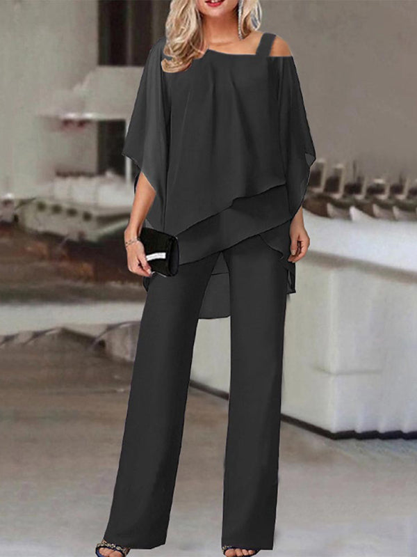 One Shoulder Bat Sleeve Ruffle Two-piece Suit