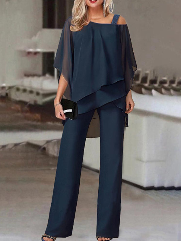 One Shoulder Bat Sleeve Ruffle Two-piece Suit