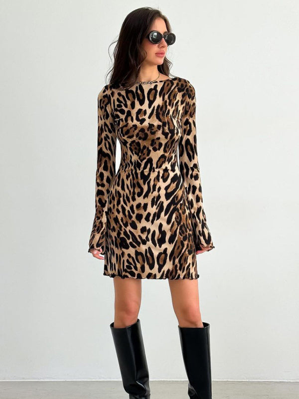 Leopard Print Backless Bell Long-sleeve Dress