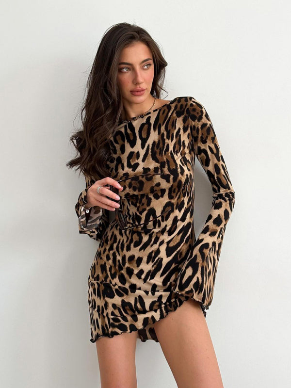 Leopard Print Backless Bell Long-sleeve Dress