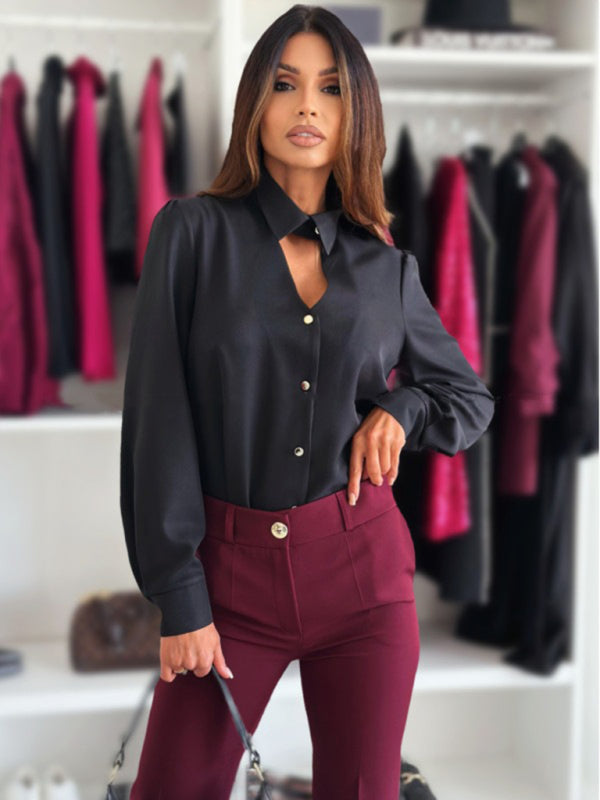 Long Sleeve Lapel Cutout Shirt