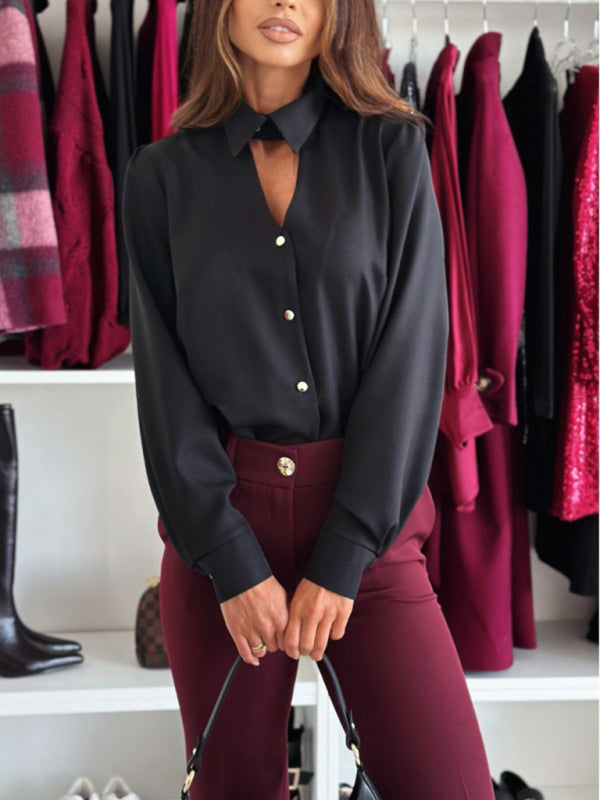 Long Sleeve Lapel Cutout Shirt