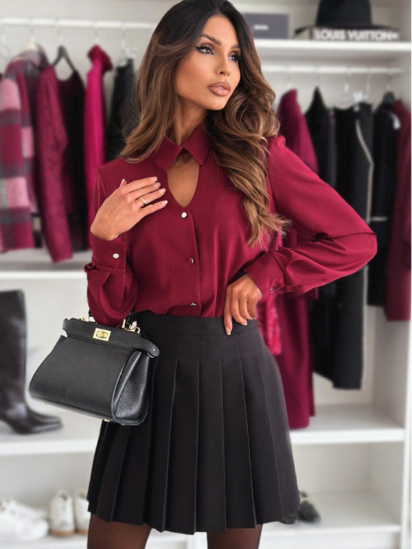 Long Sleeve Lapel Cutout Shirt