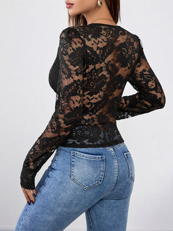 Deep V-neck Lace Black Long Sleeve Top