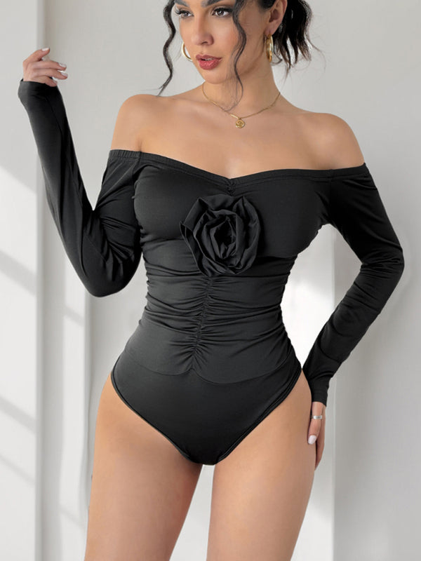 Off-the-shoulder 3D Flower Long-sleeve Bodysuit