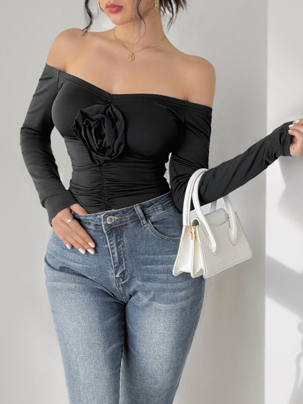 Off-the-shoulder 3D Flower Long-sleeve Bodysuit