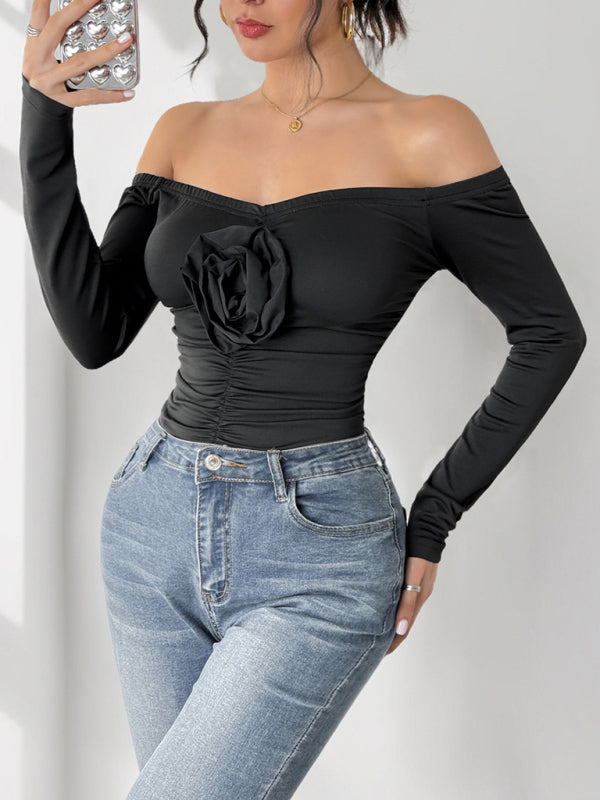 Off-the-shoulder 3D Flower Long-sleeve Bodysuit