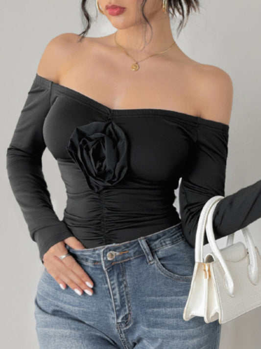 Off-the-shoulder 3D Flower Long-sleeve Bodysuit