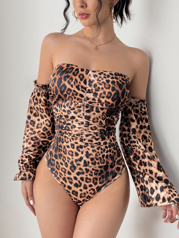 Off-the-shoulder Leopard Print Long-sleeve Bodysuit