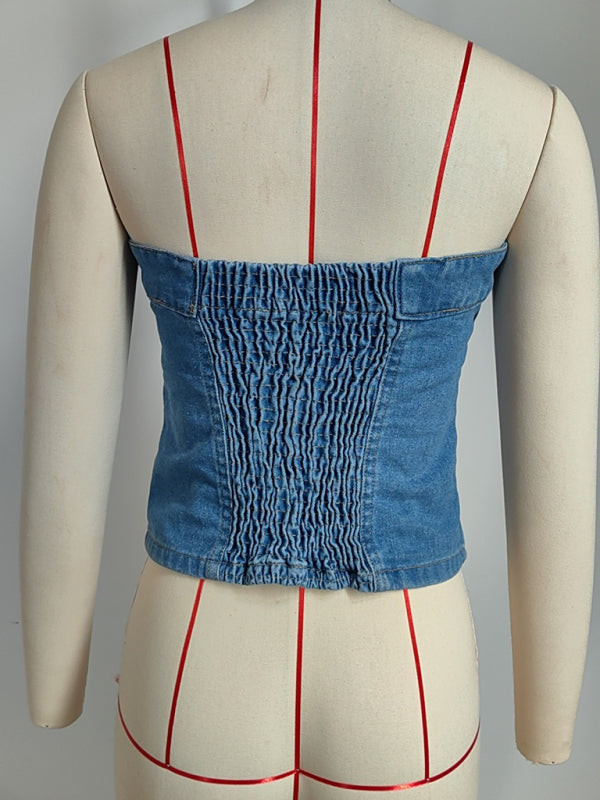 Washed Denim Strapless Button Corset Top