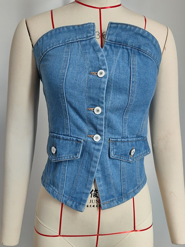 Washed Denim Strapless Button Corset Top