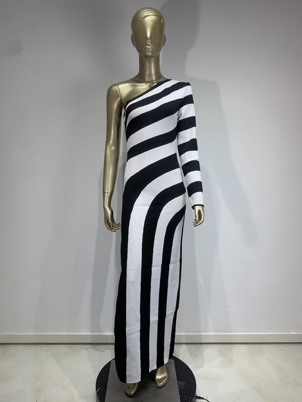 Zebra Print One Shoulder Side Slit Long Sleeve Dress