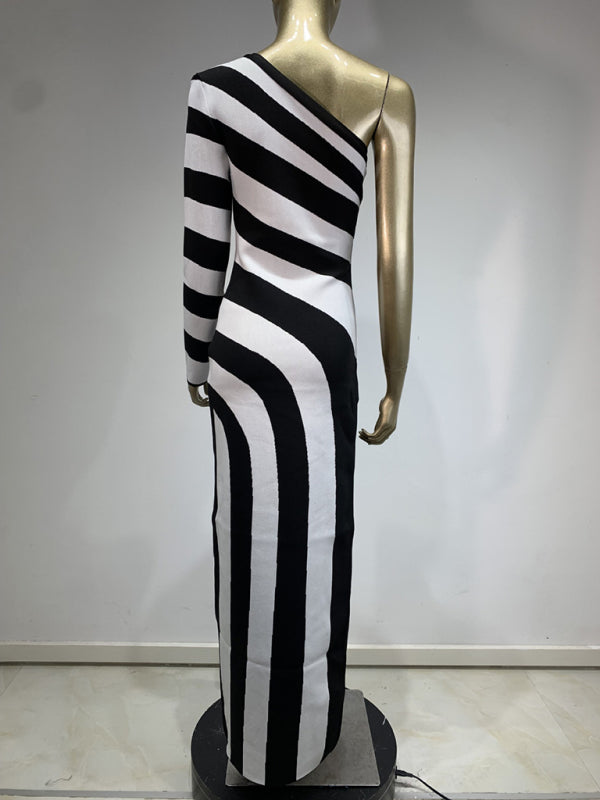 Zebra Print One Shoulder Side Slit Long Sleeve Dress