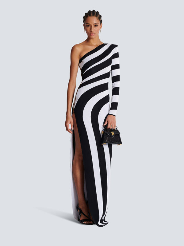 Zebra Print One Shoulder Side Slit Long Sleeve Dress