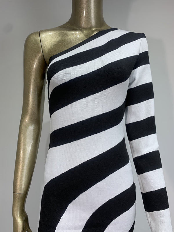 Zebra Print One Shoulder Side Slit Long Sleeve Dress