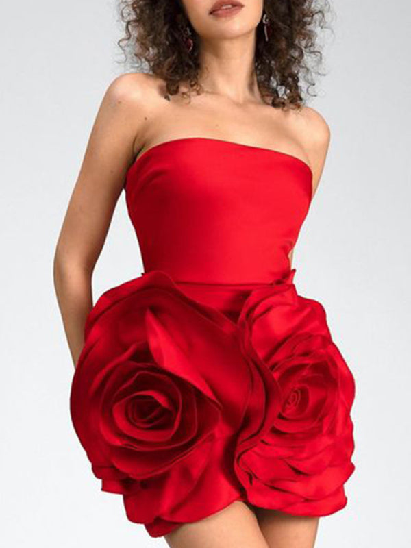 Strapless Three-Dimensional Rose Flower Mini Dress