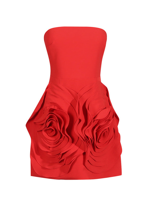 Strapless Three-Dimensional Rose Flower Mini Dress