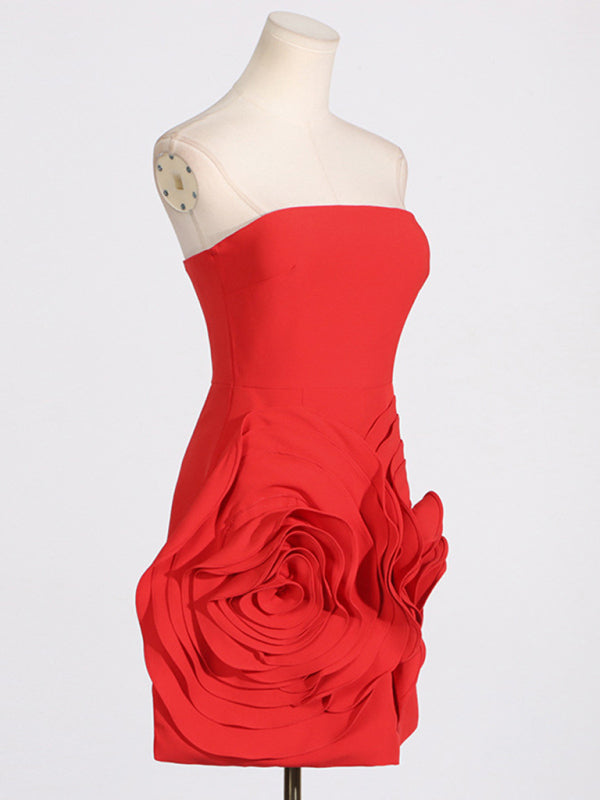 Strapless Three-Dimensional Rose Flower Mini Dress