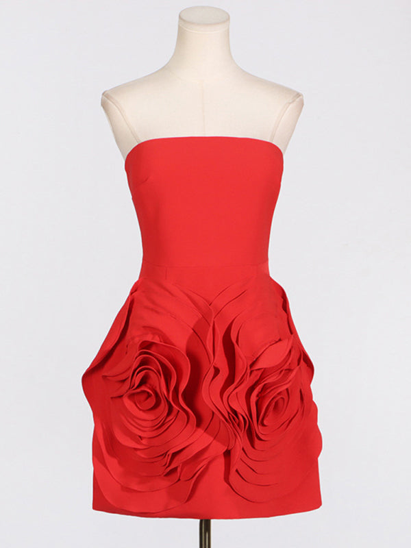 Strapless Three-Dimensional Rose Flower Mini Dress