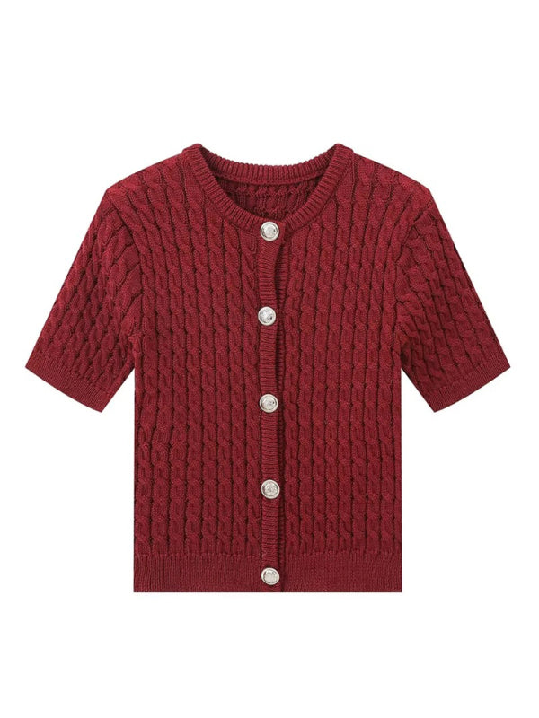 Knitted Round Neck Short Sleeve Short Cardigan