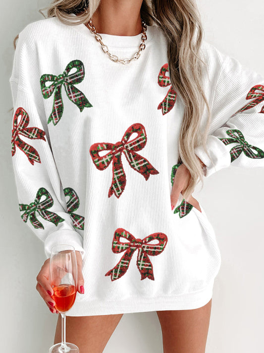 Christmas Tartan Plaid Bow Sequin Round Neck Long Sleeve Sweater