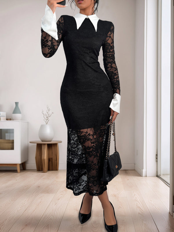 Lace Black and White Contrast Midi Dress