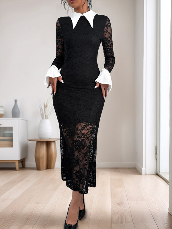 Lace Black and White Contrast Midi Dress